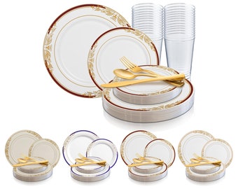 Gold Harmony Dinnerware Party Package, Disposable Plastic Set - Includes Dinner, Salad Plates, Cutlery, Tumblers, Wedding & Party Supplies