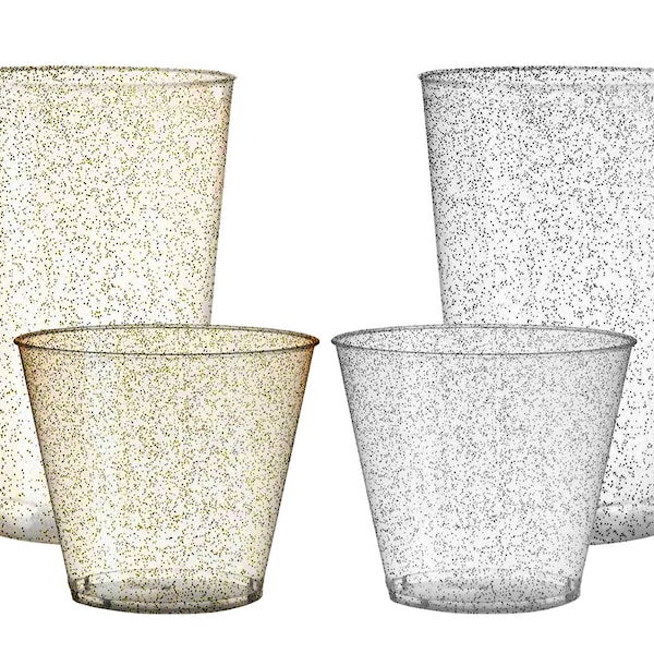 Fancy Clear with Gold or Silver Glitter Round Disposable Plastic Party Cups, Heavy Duty Drinkware, Tumblers, Wedding & Party Supplies