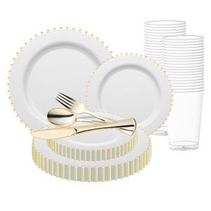 May include: White plastic dinnerware set with gold trim. The set includes dinner plates, salad plates, cups, forks, knives, and spoons.