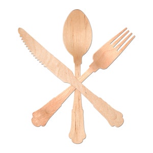May include: A set of three wooden utensils, a spoon, fork, and knife, arranged in a criss-cross pattern.