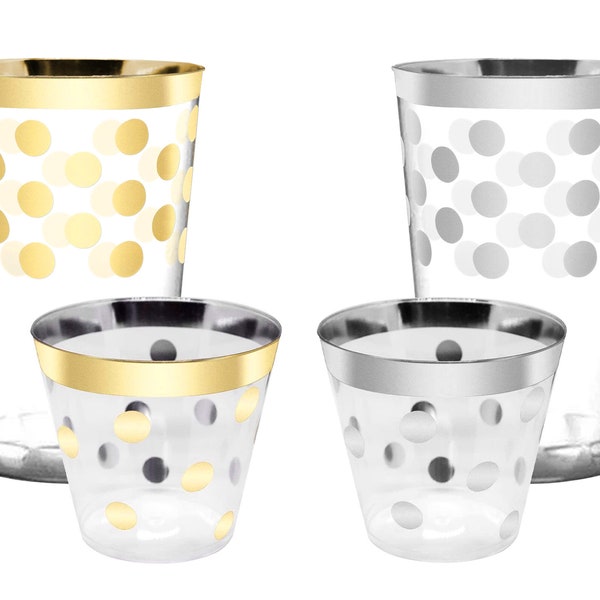 Fancy Clear with Gold or Silver Polka Dots Round Disposable Plastic Party Cups, Heavy Duty Drinkware, Tumblers, Wedding & Party Supplies