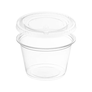 May include: Clear plastic portion cup with a matching lid. The cup is cylindrical with a slightly flared rim. The lid is round and fits snugly on top. Ideal for sauces, dips, or small servings.