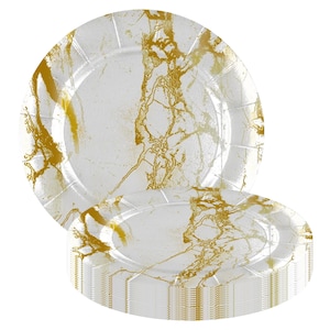 Disposable Round Paper Charger Plates 13&quot;, Black with Gold Marble Design Charger Plates, Heavy Duty Paper Plates, Wedding & Party Supplies