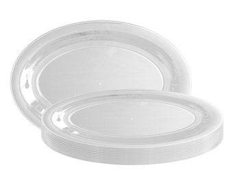 16"x 11" Clear Oval Disposable Plastic Trays, Fancy Heavy Duty Serving Trays, Elegant Servingware, Catering, Deluxe Wedding & Party Supplies