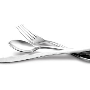 May include: A set of three silver plastic utensils, including a fork, knife, and spoon. The utensils are arranged in a criss-cross pattern.