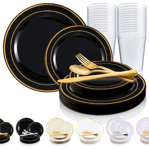 Disposable Round Metallic Edge Plastic Dinnerware Party Package - Dinner Plates, Salad Plates, Cutlery, Tumblers, Wedding & Party Supplies