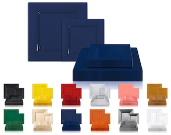 Disposable Dinner or Salad Plates, Reusable Durable Plastic, Standard Square Size, Vibrant Colors, Deluxe Quality, Wedding & Party Supplies