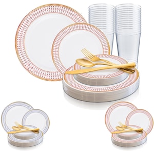 Chords Rim Dinnerware Party Package, Disposable Plastic Set - Includes Dinner, Salad Plates, Cutlery, Tumblers, Wedding & Party Supplies