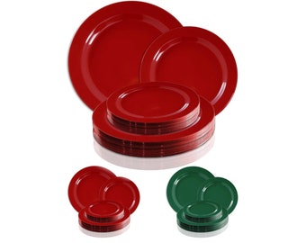 Red/Green Round Holiday Plates, Disposable Plastic Plates, Dinner/Salad Plates, Vibrant Deluxe Quality Dinnerware, Wedding & Party Supplies