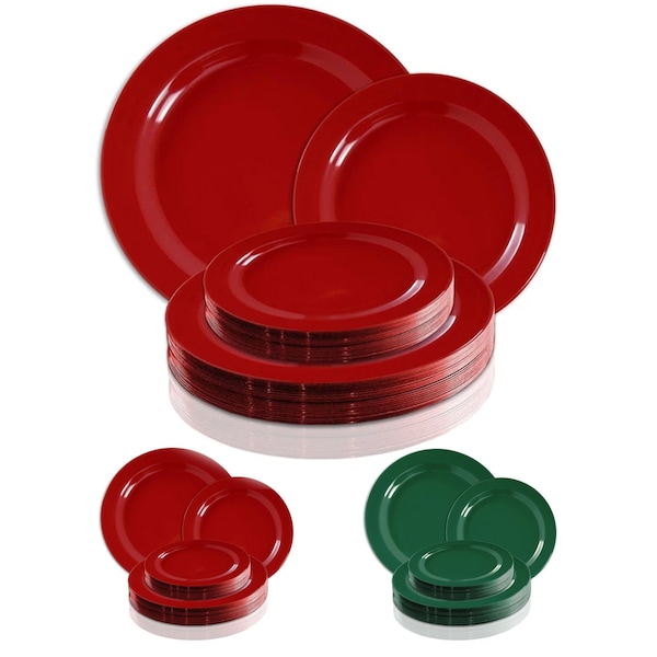 Red/Green Round Holiday Plates, Disposable Plastic Plates, Dinner/Salad Plates, Vibrant Deluxe Quality Dinnerware, Wedding & Party Supplies