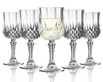 8oz Elegant Crystal Cut Plastic Wine Goblets, Crystal Clear, Fancy Wine Glasses, Disposable Plastic Stemware, Wedding & Party Supplies