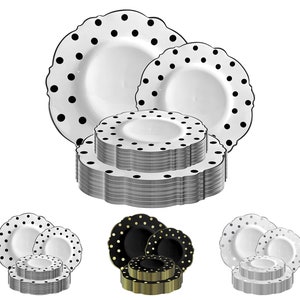 May include: A set of 50 black and white polka dot disposable plastic dinner plates. The plates have a scalloped edge and are stacked in three piles. The plates are perfect for a party or special occasion.
