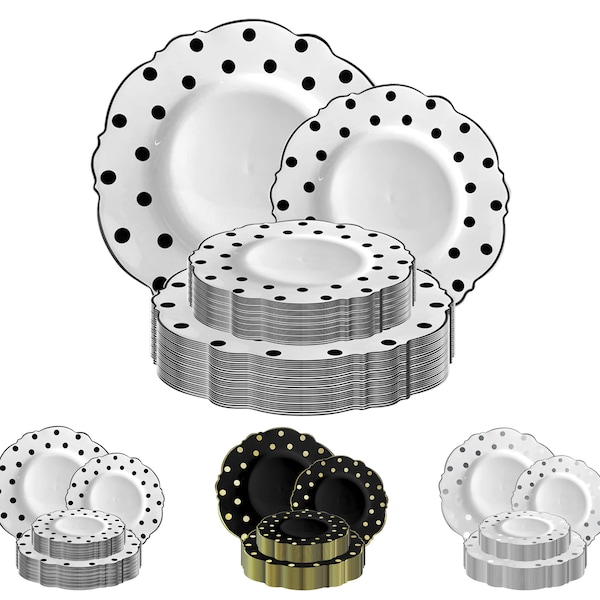 Elegant Disposable Dinner, Buffet, Salad, or Pastry Plates, White with Dots Round Blossom Design Dinnerware, Deluxe Wedding & Party Supplies