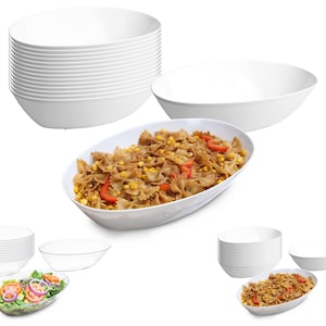 May include: A set of 12 white oval serving bowls. The bowls are made of durable plastic and are perfect for serving salads, pasta, or other dishes. The bowls are stackable for easy storage.