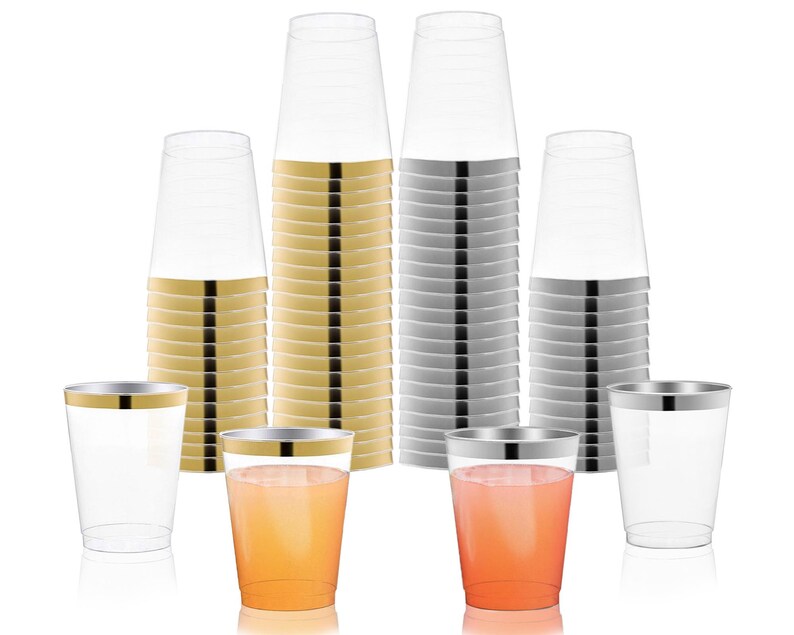 Heavy Duty Drinkware Wedding /& Party Supplies Elegant Clear with Metallic Gold or Silver Rim Round Disposable Plastic Party Cups