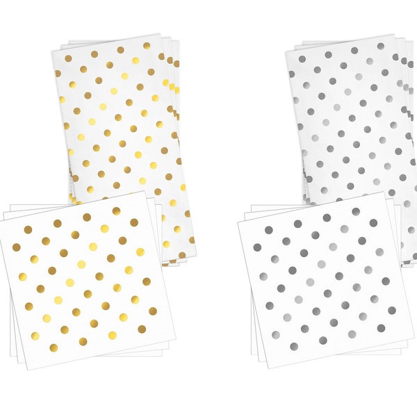 White with Gold/ Silver Polka-Dots Paper Cocktail/ Dinner Napkin, Table Napkins for Wedding, Birthday, Christmas and Other Special Occasions