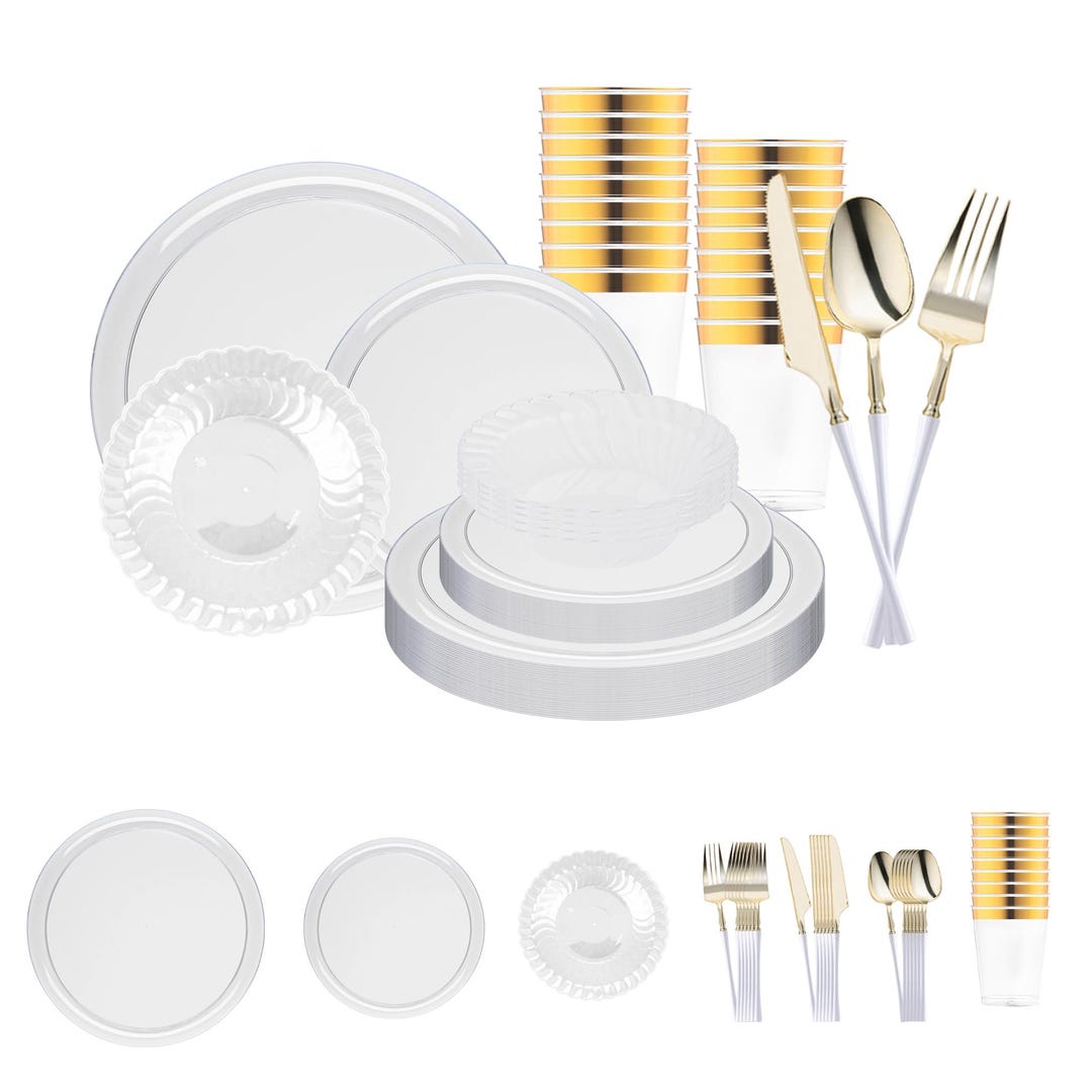 Clear Flat Round Disposable Plastic Tableware Set, Elegant Dinnerware ...