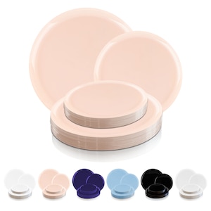 May include: A set of disposable plastic plates in various colors, including white, light pink, blue, navy blue, and black. The plates are stacked in a pyramid shape, with the largest plate at the bottom and the smallest plate at the top.