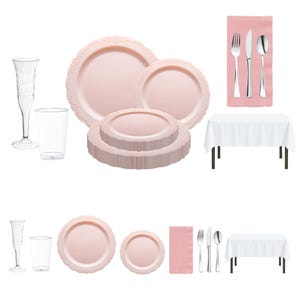May include: A collection of pink disposable plates, clear plastic cups, and champagne flutes. Silverware and pink napkins are arranged on a white tablecloth. The plates have a decorative edge, perfect for a party or event.