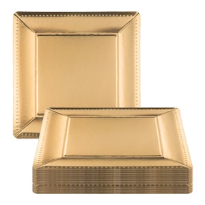 May include: A stack of gold charger plates with a beaded edge. The plates are made of paper and are disposable.