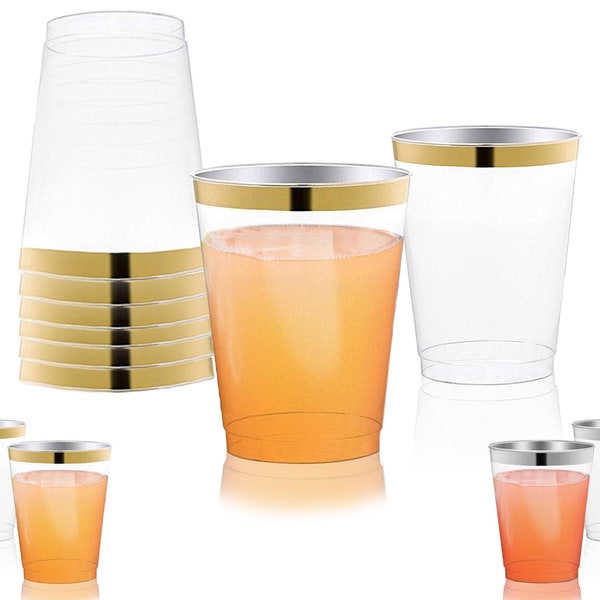 Elegant Clear with Metallic Gold or Silver Rim Round Disposable Plastic Party Cups, Heavy Duty Drinkware, Tumblers, Wedding & Party Supplies