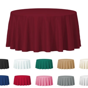 May include: A set of 10 round tablecloths in various colors, including black, white, green, beige, ivory, blue, red, pink, gray, and white. The tablecloths are made of a smooth, wrinkle-resistant fabric.