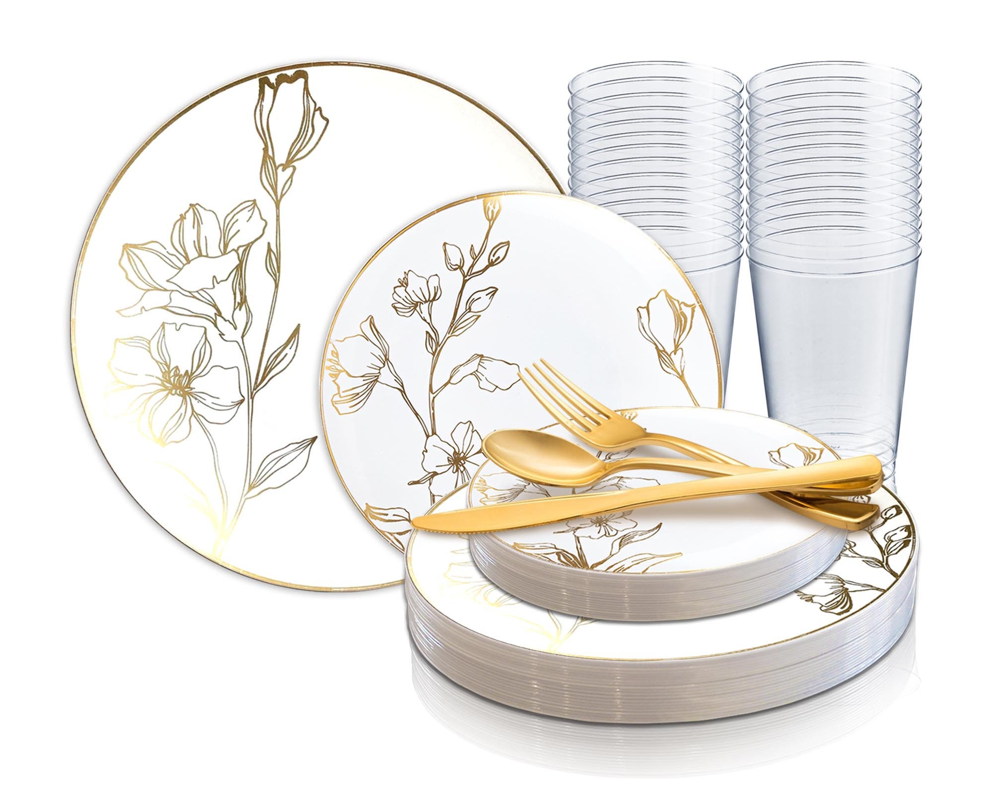 Antique Floral Dinnerware Party Package, Disposable Plastic Set - Includes Dinner, Salad Plates, Cutlery, Tumblers, Wedding & Party Supplies
