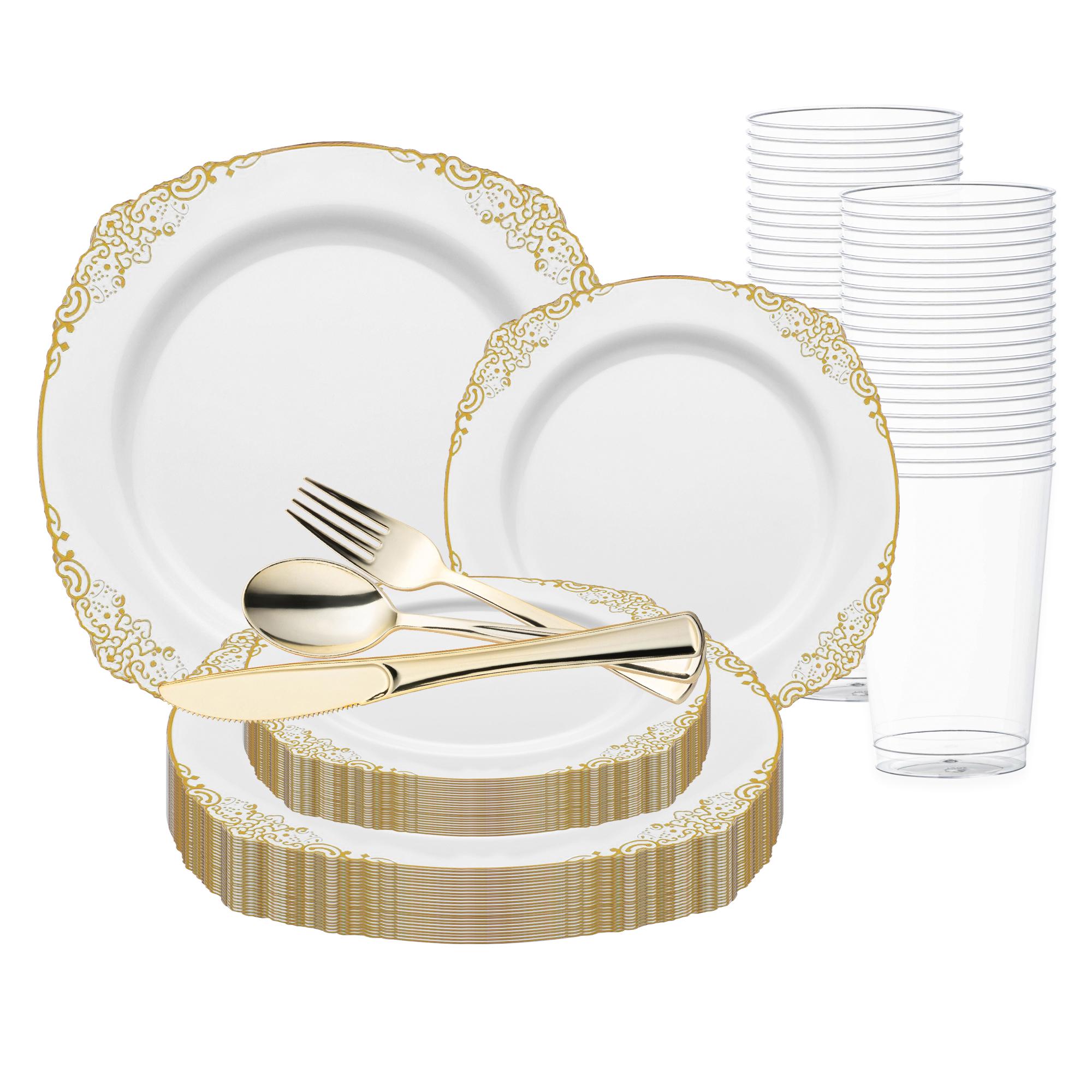 White with Gold Fancy Round Disposable Plastic Wedding Value Set, Elegant Dinnerware for Weddings, Parties and Special Events, Heavy-Duty