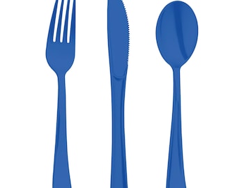Cutlery Set Plastic Blue – Disposable Forks, Knives and Spoons for Parties, BBQs and Events – Durable BPA-Free Utensils
