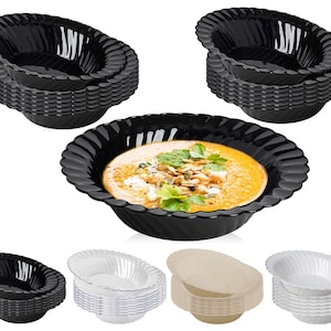 May include: A set of ten black plastic bowls with a fluted edge. The bowls are stacked in two piles of five. The bowls are perfect for serving soup, salad, or other dishes.