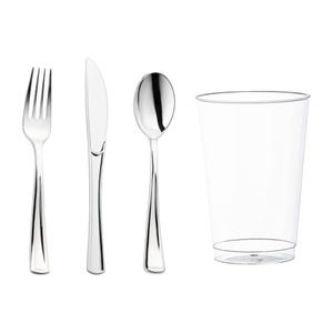 May include: A set of disposable cutlery and a clear plastic cup. The silverware includes a fork, knife, and spoon, all with a shiny, metallic finish. The cup is transparent and cylindrical, suitable for beverages.