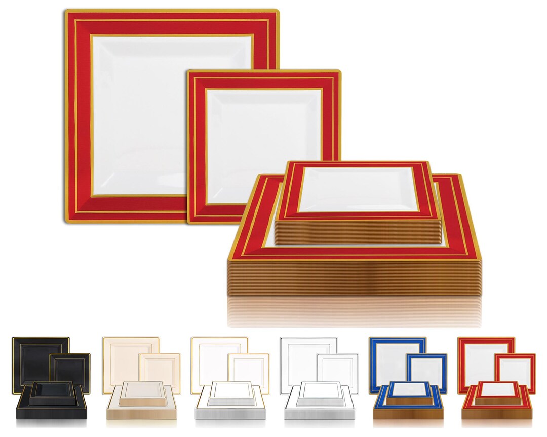 Square Dinner Plates or Salad Plates, Shiny Metallic Gold Edge Rim