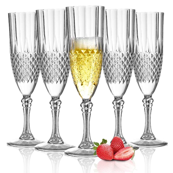 8 oz Elegant Crystal Cut Plastic Champagne Flutes, Crystal Clear, Fancy Wine Glasses, Disposable Plastic Stemware, Wedding & Party Supplies