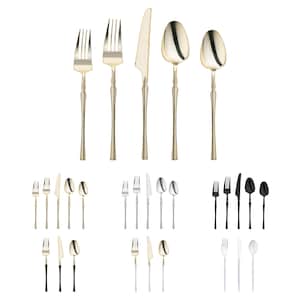 May include: A collection of gold-colored flatware, including forks, knives, and spoons, arranged in multiple sets. The utensils have a sleek, modern design with elongated handles. Additional sets feature silver and black flatware.