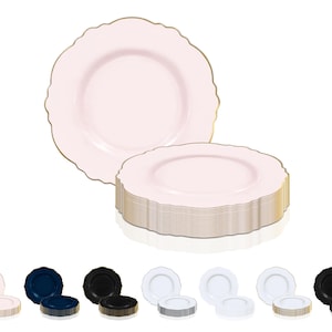 May include: A stack of 24 pink plastic dinner plates with a gold rim. The plates have a scalloped edge and are perfect for a party or special occasion. The plates are shown with other color options, including black, white, and navy blue.