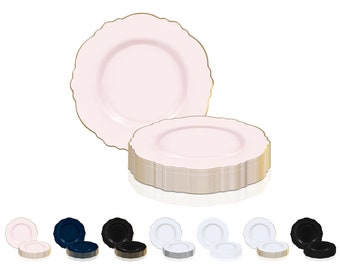 Disposable Plastic Dinner, Salad Plates Round Rim Blossom Design Elegant Heavy Duty Dinnerware for Birthday, Deluxe Wedding & Party Supplies