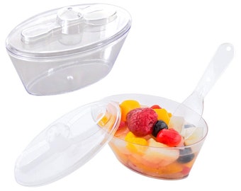 4 oz. Clear Oval Plastic Mini Cup with Lid and Spoon, Modern Dessert Cups Set, Heavy Duty Drinkware, Miniware, Wedding & Party Supplies