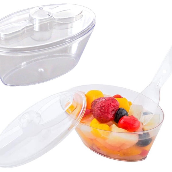 4 oz. Clear Oval Plastic Mini Cup with Lid and Spoon, Modern Dessert Cups Set, Heavy Duty Drinkware, Miniware, Wedding & Party Supplies