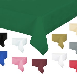 May include: A set of 10 plastic tablecloths in various colors, including green, black, white, blue, pink, maroon, beige, gold, gray, and red. The tablecloths are rectangular and have a smooth, glossy finish.