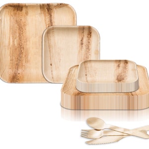 Dinnerware Set Compostable Biodegradable Square Palm Leaf Eco-Friendly Natural Disposable Party Plates and Cutlery, Wedding & Party Supplies