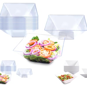 May include: A set of 20 clear plastic square bowls with a slight slant. The bowls are stacked in two piles of 10. A single bowl is shown with a salad of lettuce, tomatoes, and red onion. The bowls are ideal for serving appetizers, salads, or desserts.