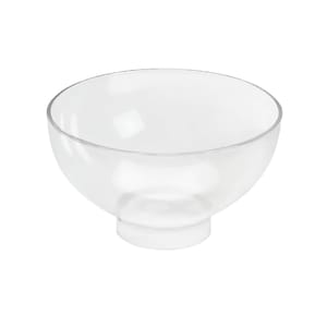 May include: A clear, transparent glass bowl with a rounded shape and a small, circular base. The bowl is made of a clear material, allowing light to pass through. It is designed for serving or display.