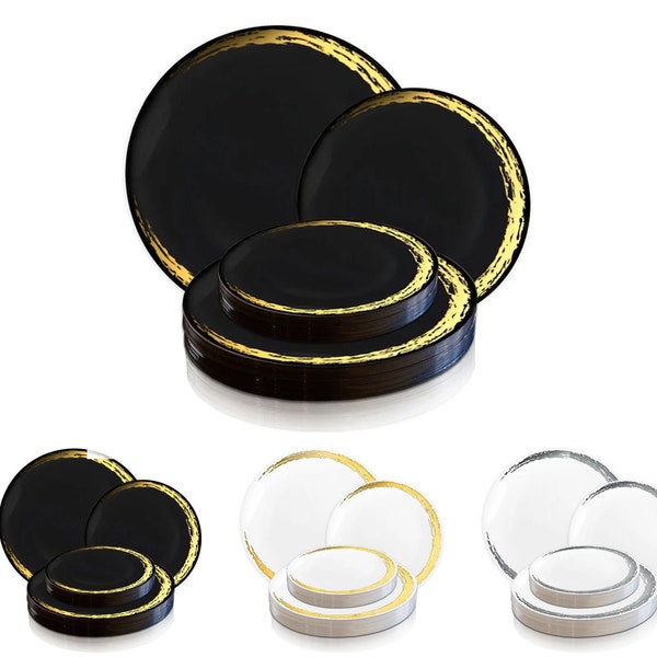 Black/White w/ Gold/Silver Moonlight Round Design Disposable Plastic Dinner Plates, Salad Plates, Fancy Dinnerware, Wedding & Party Supplies