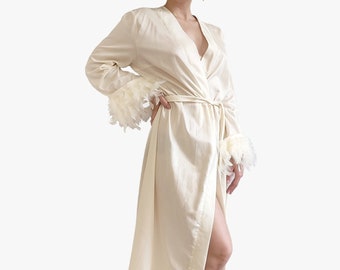 100% Cotton long feather robe for Honeymoon or Holiday Cruise, Ivory boudoir lingerie, Bridal Nightgown, Wedding sleepwear, Bridesmaid gift