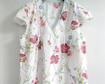 Oversized 100% Cotton Nightgown Flower Print for women gift, Size 4XL of Sleepwear Lase Dress, Lingerie short sleeve Cruise Dress