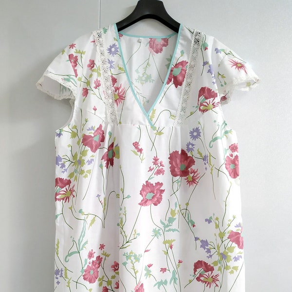 Oversized 100% Cotton Nightgown Flower Print 4XL, Sleepwear Lase Dress, Gown short sleeve Honeymoon Cruise Dress Lingerie Gift for women