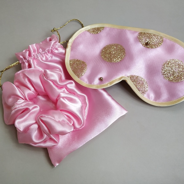 Satin Silk Sleepcare Set - Pink & gold Sleep mask with matching scrunchie and pouch set self care, Gift For Her, Skincare Sleep Set