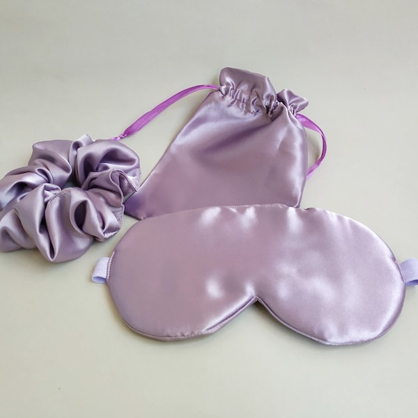 Great gift idea for bridesmaids - lavender satin silk sleepcare set - Adjustable sleep mask with matching scrunchie and pouch set self care
