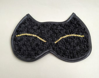 Black 3D flower sleeping mask for cat lover gift box, Travel eye rest cover, Handmade Kitty eye mask, Birthday gift, Sleep wear pajamas mask