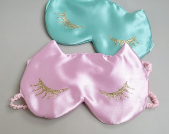 Gold eyelashes on pink or mint sleepover mask for cat lover gift box, Cute satin kitty eye cover, Blackout handmade Blindfold, Cheap gift